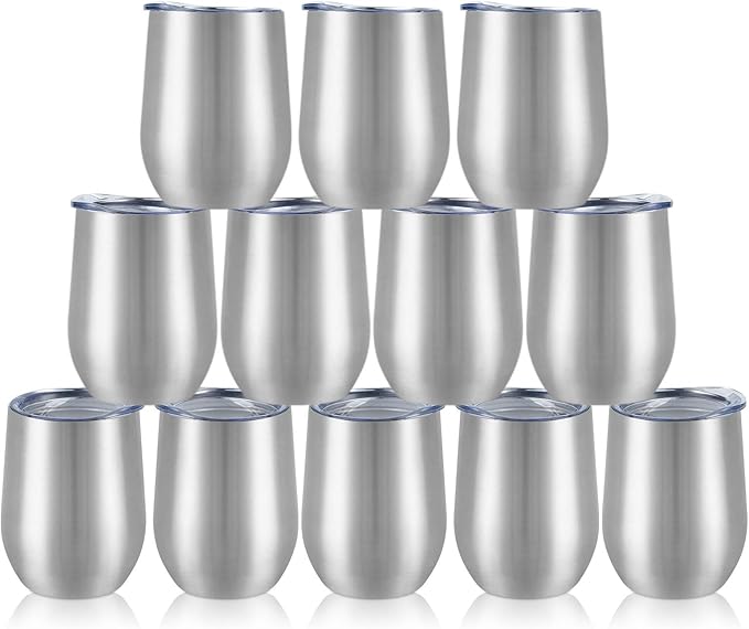 12 Pack Stainless Steel Wine Tumblers, 12Oz Double Wall Vacuum Insulated Wine Tumblers with Lids and Straws, Stainless Steel Stemless Wine Glasses for Coffee, Wine, Cocktails, Champaign, Silver