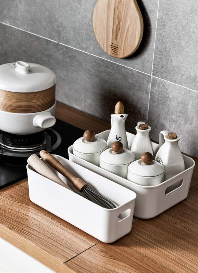 Plastic Storage Bins,Versatile Kitchen Pantry Organization and Storage,for Plastic Storage Container Under Bed,Under Sink Bathroom Organizer (2 Pack Narrow, White)