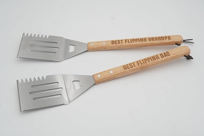 Grill Spatula for Kitchen, Stainless Steel BBQ Scraper, Customized Flat Top Flipper with Wooden Handle-Best Flipping DAD