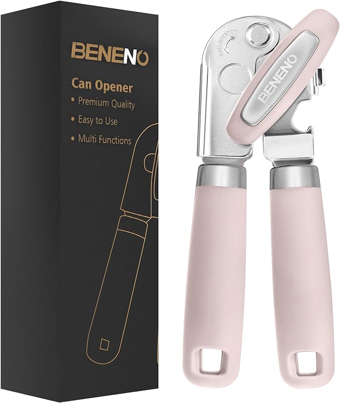 Beneno Heavy Duty Hand Can Opener Manual with Magnet, Durable Sharp Carbon Steel Blade Smooth Cutting, Big Effort-Saving Knob & Soft Grip Handle, Multifunctional Bottle Opener, Light Pink