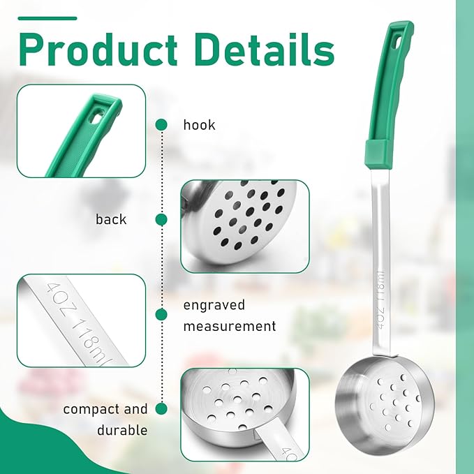 2 Pcs Portion Control Serving Spoons, Restaurant Measuring Serving Ladle Utensils, Portion Spoons for Weight Loss, Kitchen(Green,4 oz,Slotted)