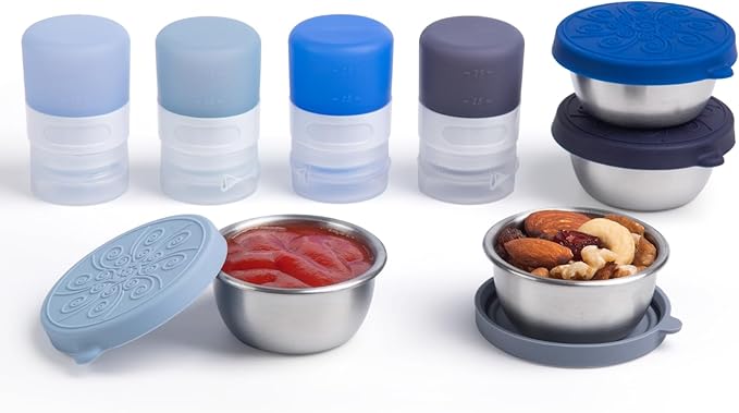 8-Pack Salad Dressing Container To Go, 1-oz Silicone Small Condiment Squeeze Bottles and 1.6 oz Stainless Steel Sauce Containers Cups, Leakproof Condiment Containers with Lids for Lunch Box