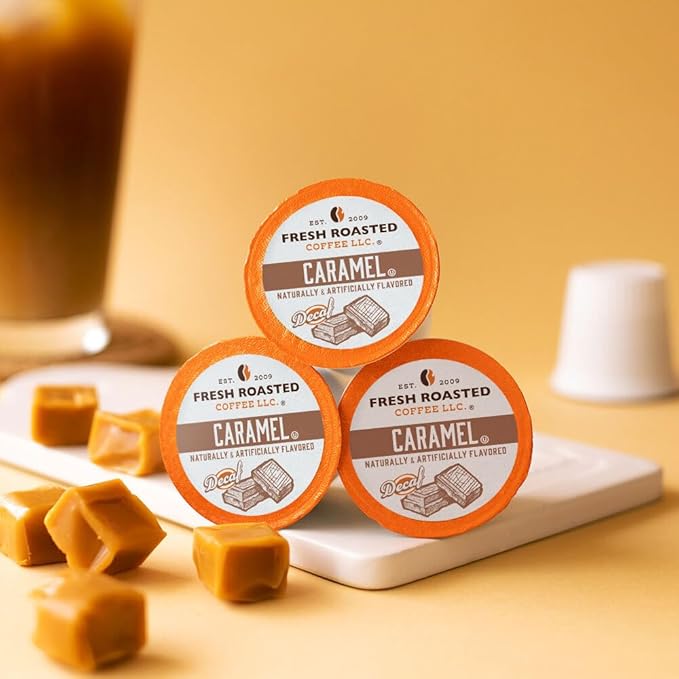 Fresh Roasted Coffee, Decaf Caramel, Flavored Coffee Pods, K-Cup Compatible, 24 Count