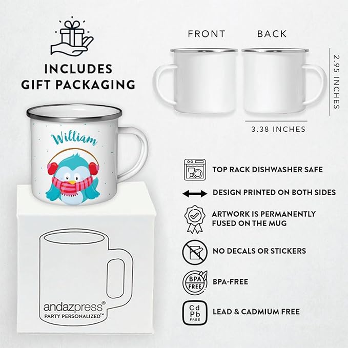 Andaz Press Personalized Name 11oz. Kids Christmas Hot Chocolate Stainless Steel Campfire Coffee Mug, Festive Blue Owl, 1-Pack, Custom Birthday Xmas Cup Hot Chocolate Mugs For Kids Christmas Mugs