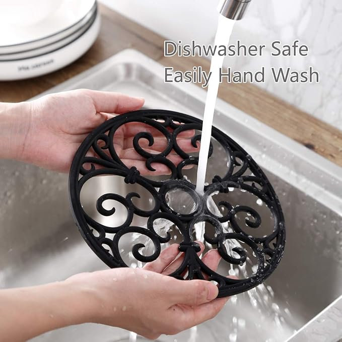 Silicone Trivet Mat - Hot Pot Holder Hot Pads for Table & Countertop - Teapot Trivet Kitchen Trivets - Non-Slip & Heat Resistant Modern Kitchen Hot Pads for Pots & Hot Dish Black Trivet Set of 3
