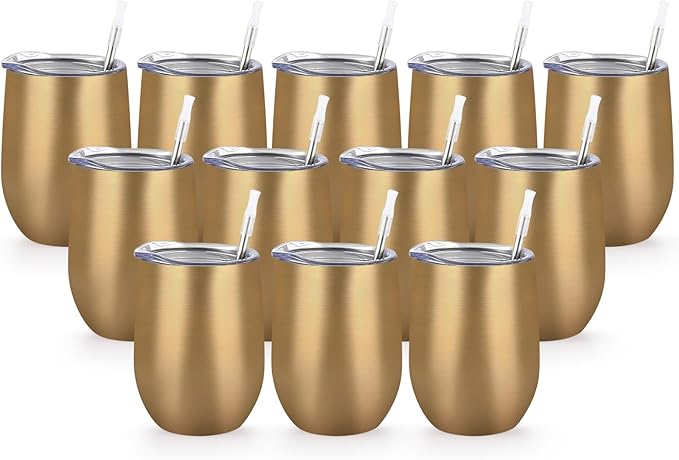 Lifecapido 12 Pack 12oz Stainless Steel Wine Tumblers, Insulated Wine Tumbler, Double Wall Insulated Wine Glass, Stainless Steel Stemless Wine Cups with Lids for Coffee, Wine, Champaign, Gold