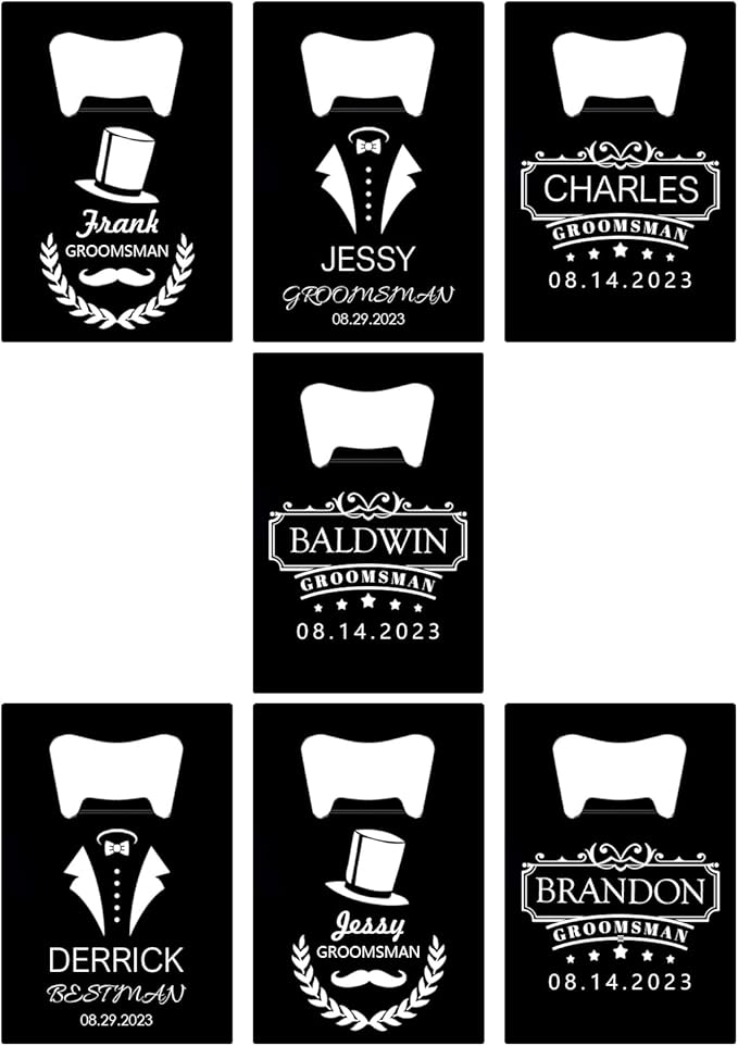 7PCSPersonalized Bottle Openers Credit Card Size, Groomsmen Best Man Gifts for Wedding Bachelor Party, Stainless Steel Beer Bottle Opener