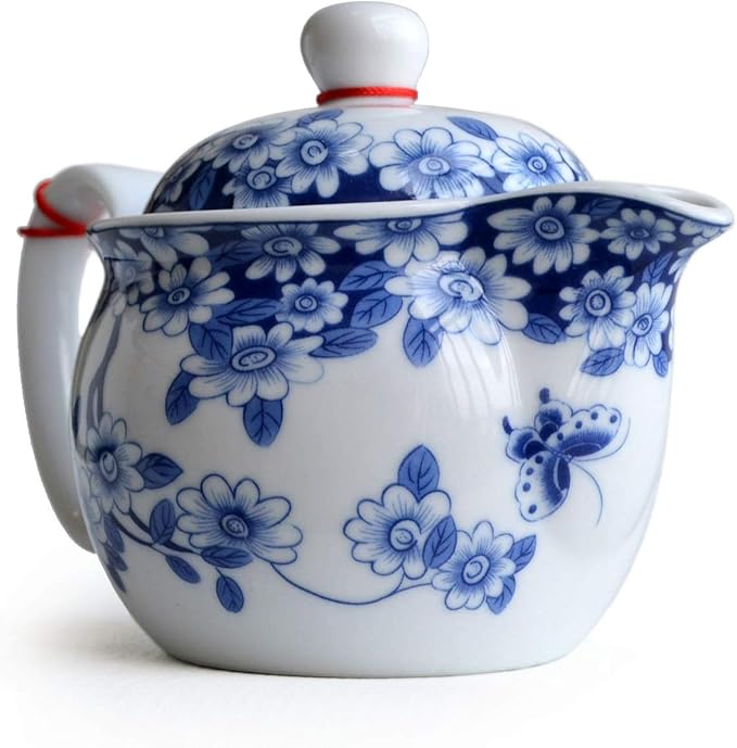 Small Teapot 12oz Blue White Porcelain Tea Pot with Stainless Filter Infuser for Loose Tea (pot flowers Beautify)