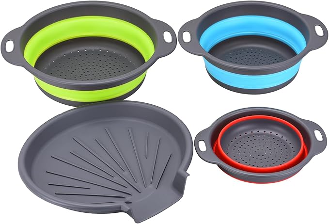 Collapsible Colander Set with Universal Draining Tray | 3-Pack Foldable Kitchen Strainers + Base | Space Saving for Pasta, Veggies, Fruit & Rice | 5 Colors (Gray-Blue-Red-Green)