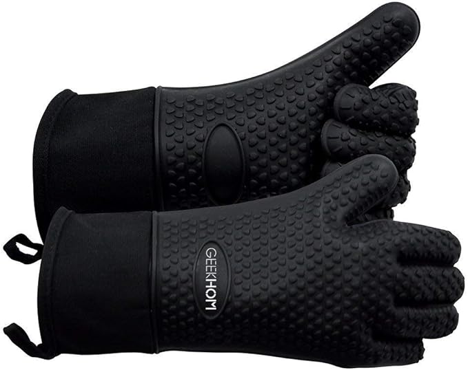 GEEKHOM Silicone Oven Gloves Heat Resistant BBQ Gloves with Cotton Lining for Kitchen Cooking, Baking & Grill Accessories, Waterproof Non-Slip Grill Mitts for Men Women, Dishwasher Safe