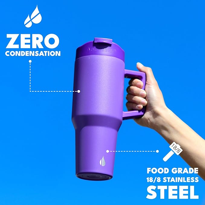 Elemental 32 oz 100% Leak Proof Tumbler with Handle & Straw - Stainless Steel Double Wall Insulated Tumbler for Hot and Cold Beverages - Travel Coffee Mug with Sip & Straw Lid - Purple