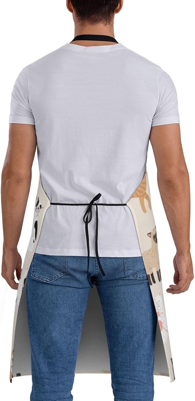 Cat and Dogs Animals Adjustable Bib Neck Chef Aprons, Kitchen Bbq Waterproof Apron with 2 Pockets For Mom Dad