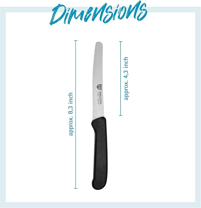 GRÄWE table knives 6 pieces, knife set for cutting, pack of 6 bread knives, breakfast knives with serrated edge on one side, knife 21 cm - Black