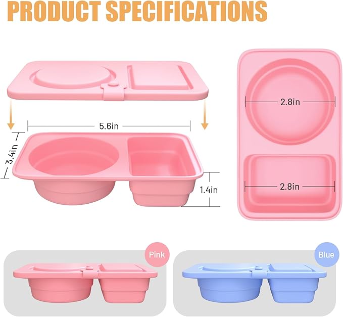 2 Pack Reusable Snack Containers with Lids, Silicone Double Compartment Snack Box Container, Small Mini Snack Pack Containers for Travel, Picnic, Work