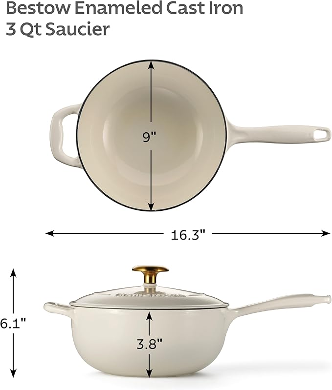 Tramontina Bestow Enameled Cast Iron Saucier Pan with Lid, 3-quart, Latte with Gold Knob
