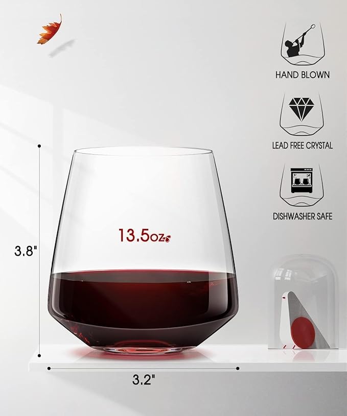 Stemless Wine Glasses Set of 6 13.5oz, Hand Blown Red White Wine Glasses Unique Gifts for Him Her for Birthday, Wedding, Christmas, Anniversary