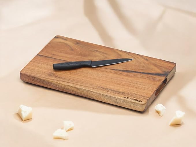 Vesta Homes Single Block Wooden Chopping/Cutting Board for Kitchen Vegetables, Fruits & Cheese | Natural Acacia Wood | Natural Color, 15 x 9 x 1 inches | Handcrafted in India