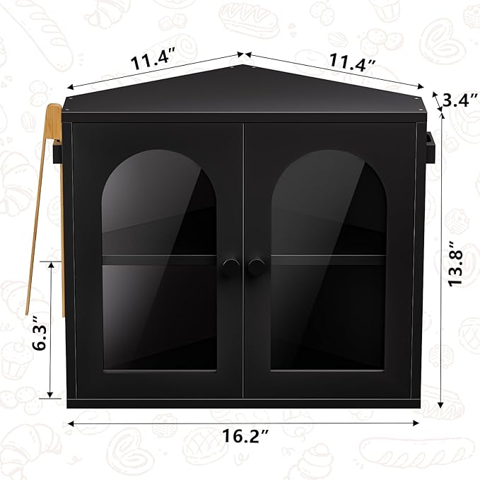 WOWLIVE Corner Bread Box for Kitchen Countertop, 2 Tier Bamboo Bread Storage Container for Homemade Bread with Clear Acrylic Door Panel, Large Bread Bin Farmhouse Breadbox Organizer (Black, Medium)
