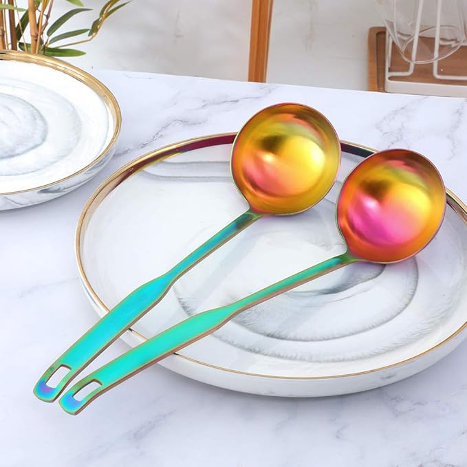 Buyer Star 2 Pcs Soup Ladle Spoons,Rainbow Cookware Serving Long Handle Steel Slotted Spoon Cooking Utensil Set for Hotpot