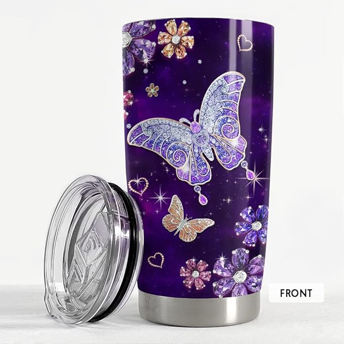 SANDJEST Purple Butterfly Tumbler Jewelry Style Butterfly Lover 20oz Tumblers with Lid Gift for Women Girl Daughter Sister Mom Christmas Birthday Present