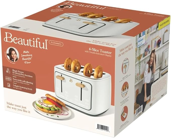 Beautiful 4-Slice Toaster by Drew Barrymore – Touch Display, Extra-Wide Slots, Bagel & Frozen Functions, Stainless Steel (White Icing)