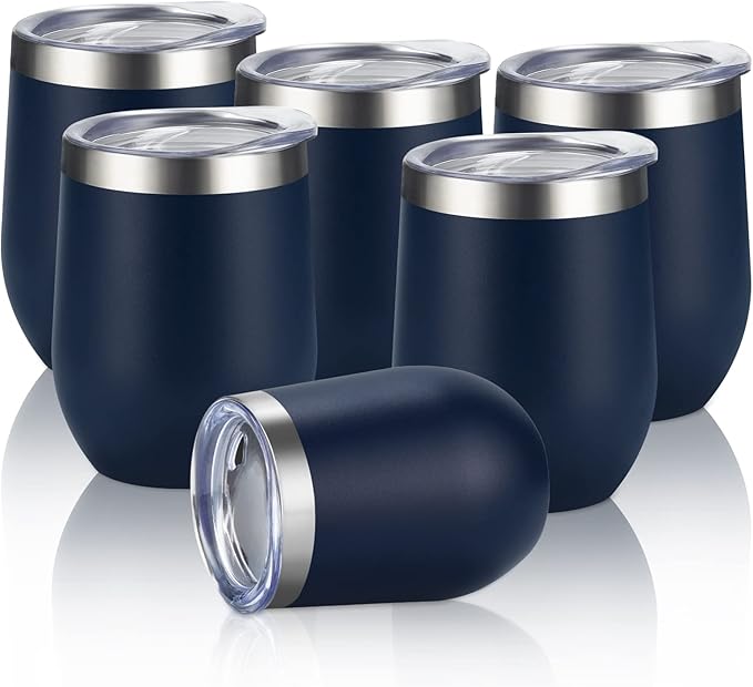 6 Pack Stainless Steel Wine Tumblers, 12Oz Insulated Wine Tumbler, Double Wall Insulated Wine Glass, Stainless Steel Stemless Wine Cups with Lids for Coffee, Wine, Cocktails, Champaign, Navy Blue