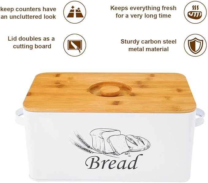 SOTECH Bread Box with Cutting Board and Handle Bread Holder with Bamboo Lid for Kitchen Countertop,Loaf Bread Storage Container Farmhouse Bread Bin