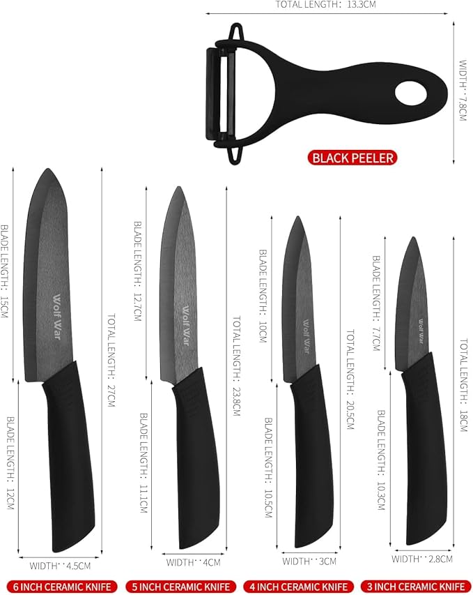 Ceramic Knife, Ceramic Knife Set with Protective Cover, Kitchen Knife Set with 4-Piece Knife and 1 Peeler, Chef's Knife Sets for Meat, Fruit, Vegetables - Black