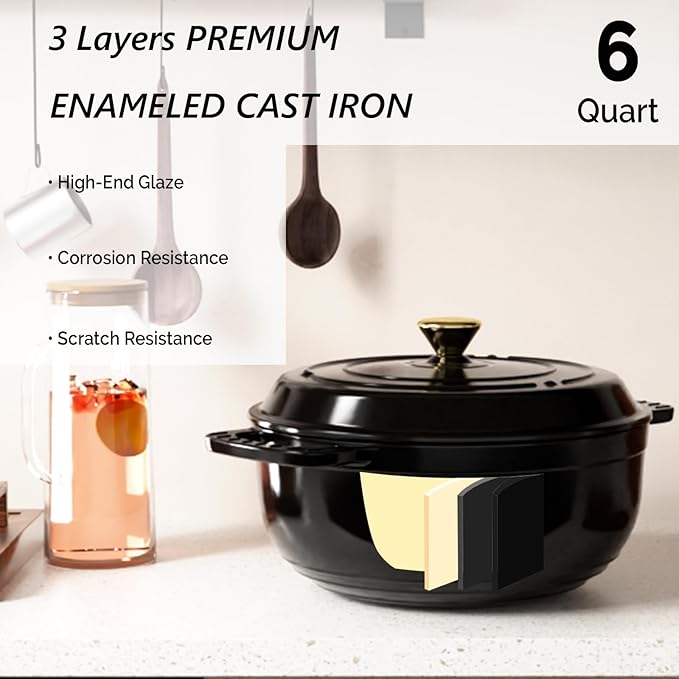 VINGLI 6QT Enameled Cast Iron Round Dutch Oven Pot with Lid, NonStick Casserole Pot with Dual Handles & Silicone GlovesRed, Oven Safe up to 500°F or on Stovetop, Dutch Oven for Bread Baking, Black