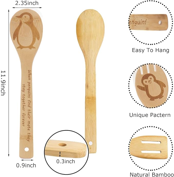 5PCS Penguin Wooden Cooking Spoons Set Penguin Gifts for Women Kitchen Decor Bamboo Cooking Utensil Spoons for Housewarming Wedding Anniversary Thanksgiving Christmas Gifts Mom Women
