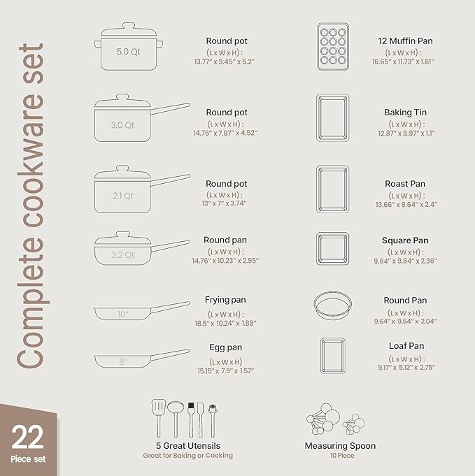Pots and Pans Set, 22-Piece Non Stick Cookware & Bakeware Sets with Plaid Pattern, Stackable Design, Dishwasher Safe, Stain-resistant, Oven & All-Stove Safe, Tempered Glass Lid, Black
