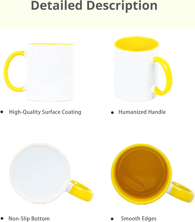 11oz White Ceramic Sublimation Coffee Mug With Solid Colors Inside and Handle(12, Yellow)