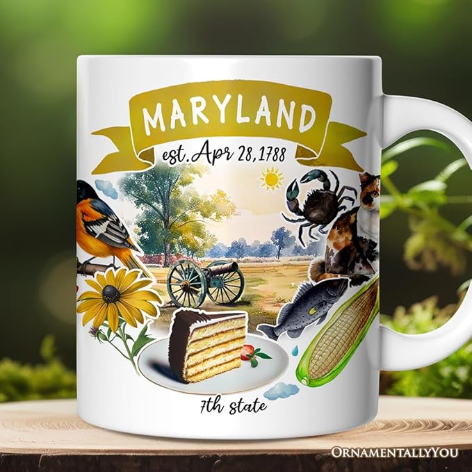 OrnamentallyYou State Travel Landmark Mugs – 12 oz Ceramic Coffee Cups, U.S. Souvenir Gift for Tourists (Artistic Maryland State Themes and Landmarks Mug)