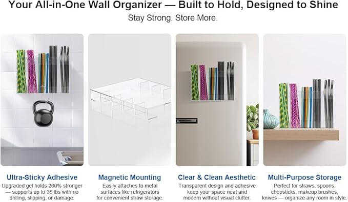 Upgraded Acrylic Straw Holder for Cabinet Door, Fridge & Countertop–Magnetic/Adhesive Dual Mount, Strong Hold, Space-Saving Straw Organizer with Adhesive Tape, Magnetic Sheet