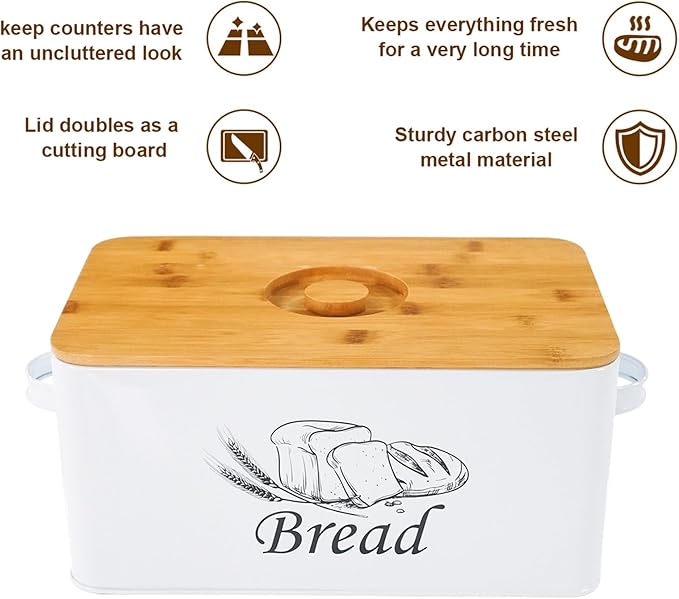 SOTECH Bread Box with 3pcs Jars Coffee Sugar Tea for Kitchen Countertop White Metal Bread Box with Bamboo Board Cover Pastry Storage Container Set Kitchen decor (White Box and Jars)