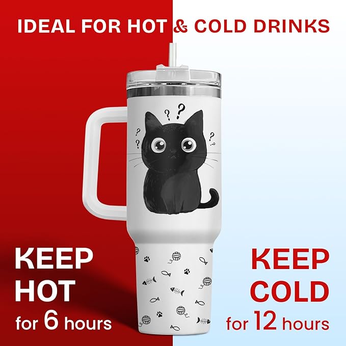 34HD Funny Black Cat Tumbler with Handle and Straw, 40oz Double Wall Vacuum Insulated Pet Mug, I Came I Saw Forgot Cup, Cat Gifts for Women Men Birthday Mothers Day Halloween Christmas