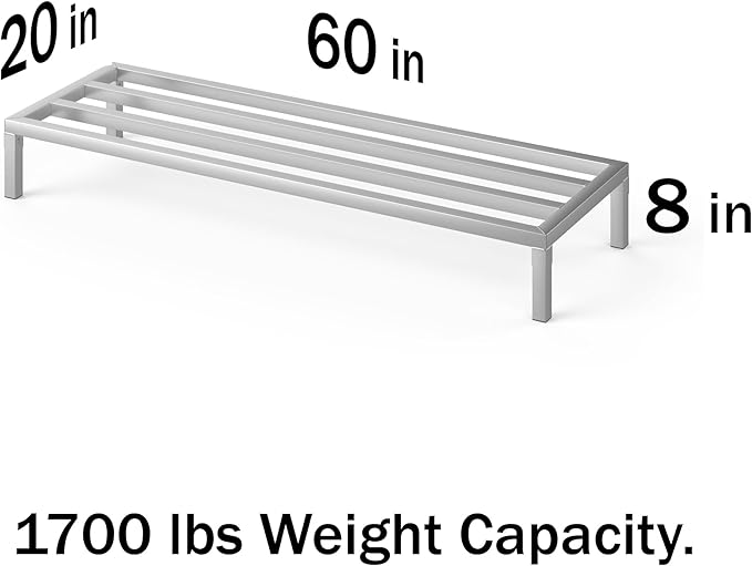 60" Long x 20" Wide | Height: 8" Off The Floor Aluminum Dunnage Rack | Storage in Restaurant, Kitchens and Garages and More!