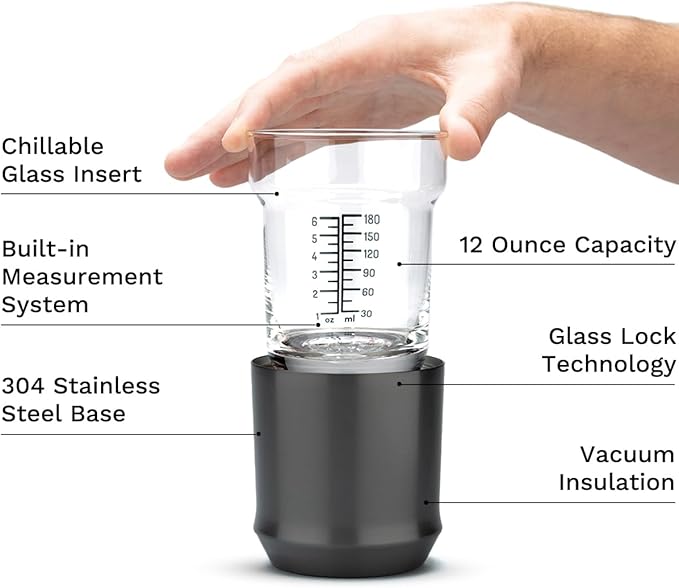 Elevated Craft Hybrid Cocktail Glass Premium Vacuum Insulated Steel Base with Removable Insert - 12oz Rocks Glass, Double Old Fashioned Lowball for Bourbon, Whiskey - Gunmetal Black