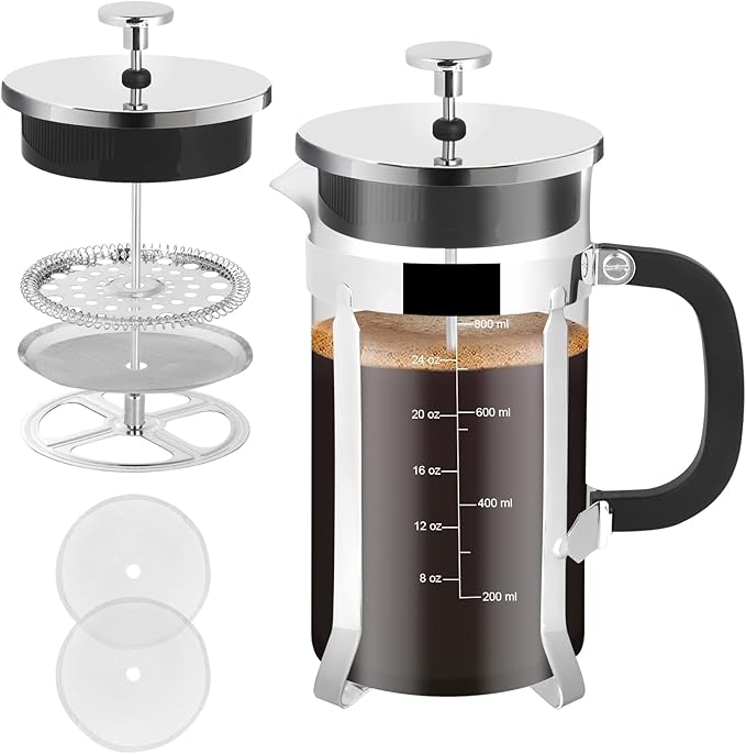 French Press Coffee Maker,34oz 304 Stainless Steel with 2 Filter, Heat Resistant Durable, Easy to Clean, Borosilicate Glass Press, BPA Free Glass TeaPot-34 Ounce 1 Liter (Chrome)