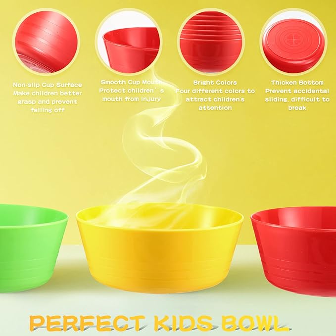 Yinder 36 Pcs Kids Plastic Bowls Set 10 oz Toddler Bowls Colorful Kids Microwave Dishwasher Safe Cereal Salad Dessert Soup for Home Parties Events School, Red Green Blue and Yellow
