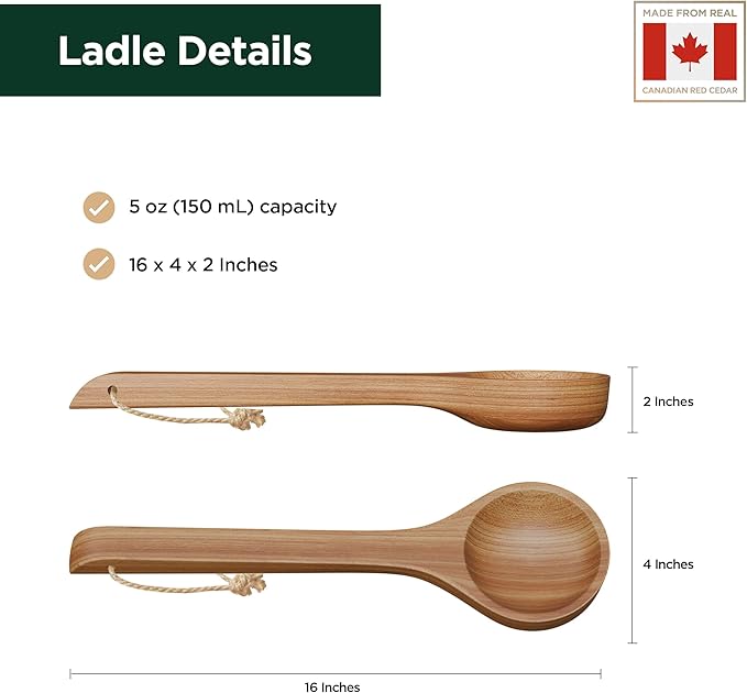 Sauna Ladle - Handmade from Canadian Red Cedar Wood - Natural Rope - 16″ Handle & 5 oz (150 mL) Capacity Spoon