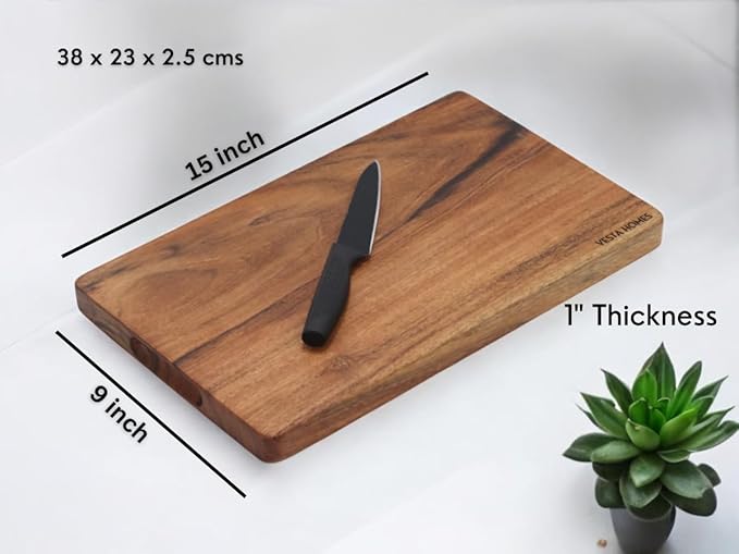 Vesta Homes Single Block Wooden Chopping/Cutting Board for Kitchen Vegetables, Fruits & Cheese | Natural Acacia Wood | Natural Color, 15 x 9 x 1 inches | Handcrafted in India
