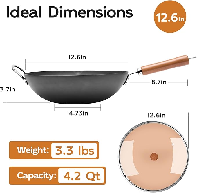 WANGYUANJI 12.6" Flat-Bottom Iron Wok with Glass Lid, Uncoated Stir-Fry Pan, Fast-Heating Refined Iron, Induction/Gas/Electric Compatible, Wooden Handle (Seasoning Required)