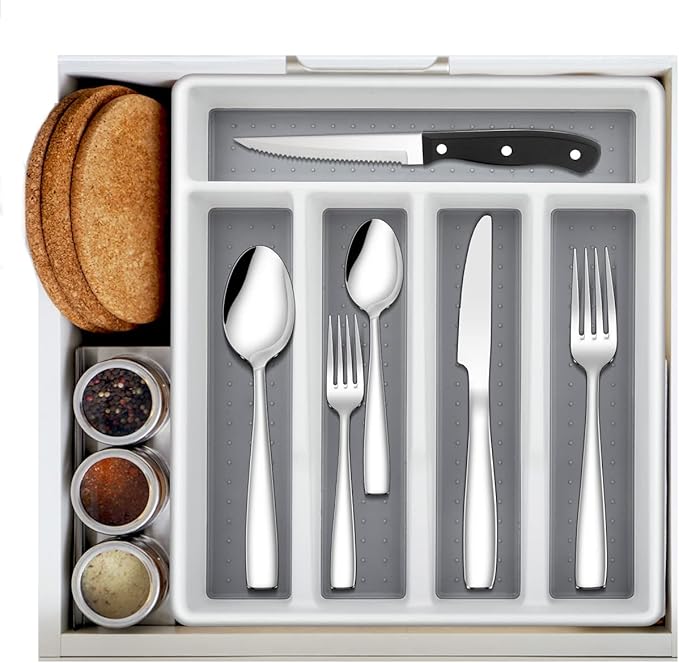 LIANYU 36-Piece 18/10 Silverware Set with Steak Knives and Drawer Organizer, Stainless Steel Flatware Cutlery Set Service for 6, Eating Utensils for Home Kitchen Entertaining, Mirror Polished