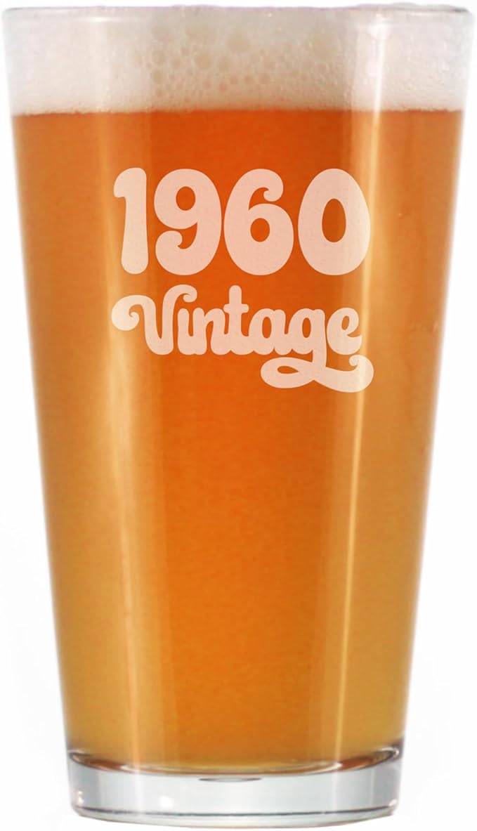 Vintage 1960 Pint Glass for Beer - 65th Birthday Gifts for Men or Women Turning 65 - Fun Bday Party Decor - 16 oz