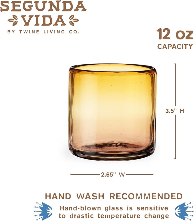 Twine Living El Ocaso Hand-Blown Tumblers, Recycled Drinking Glasses, Sunset Inspired Yellow and Purple Gradient, Mexican Glassware, Decorative Drinkware for Home Bars, 12 oz, Set of 2