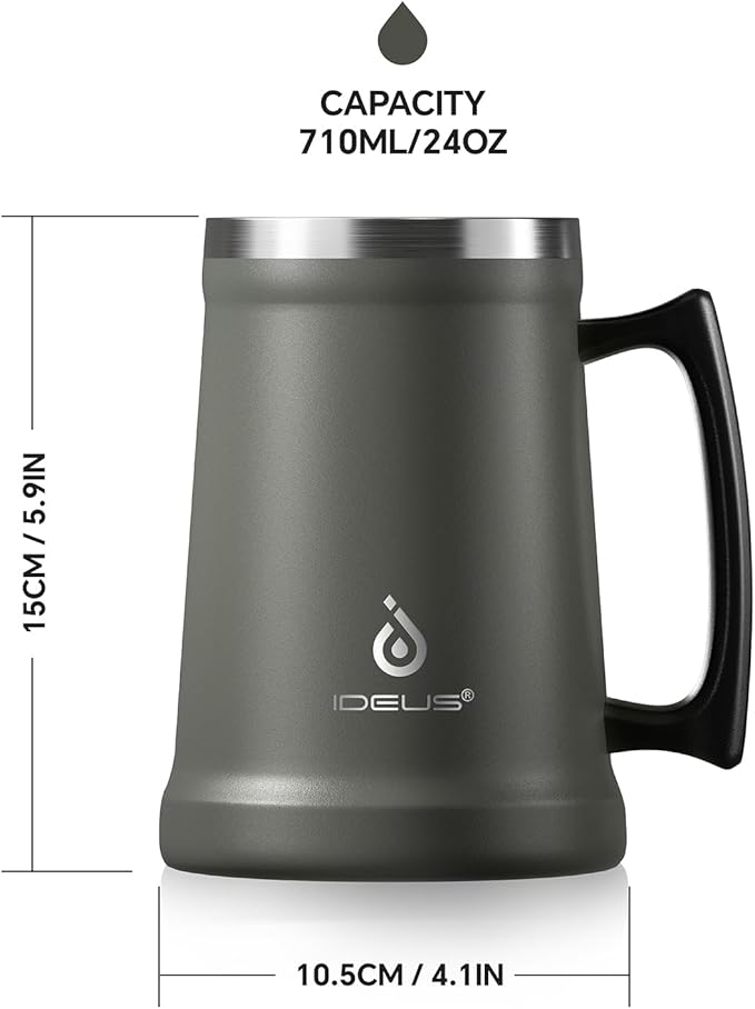 Ideus Insulated Beer Stein, 24/32oz Stainless Steel Double Walled Beer Mug Giant Bar Drinkware Metal Beer Cup with Big Grip Handle (Grey, 24oz (710ml))