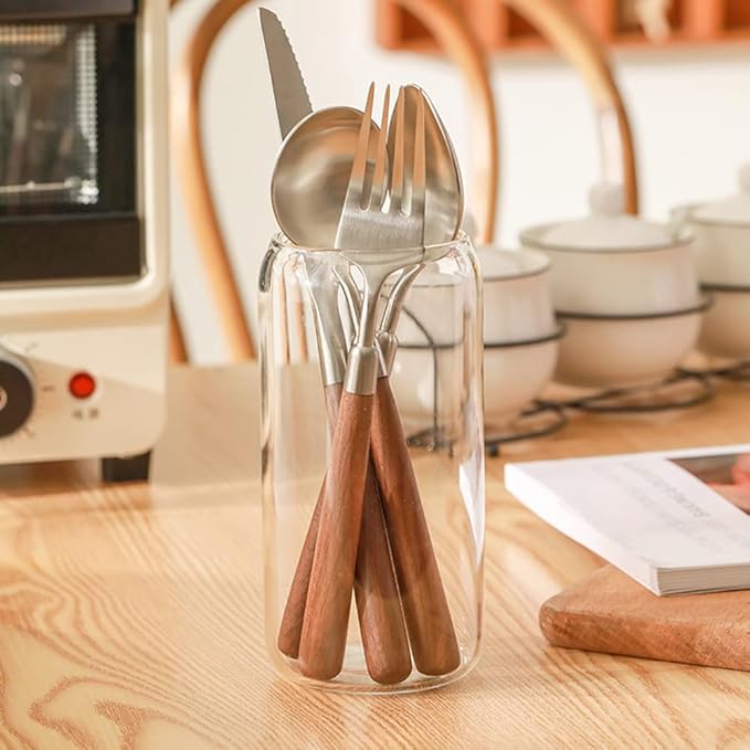 Wood Silverware Set for 16 Wooden Flatware Cutlery Utensils Set 18/10 Stainless Steel Walnut Handle 64 Piece Include Knives Forks and Spoons Tableware Set for Home Kitchen Wedding Restaurant