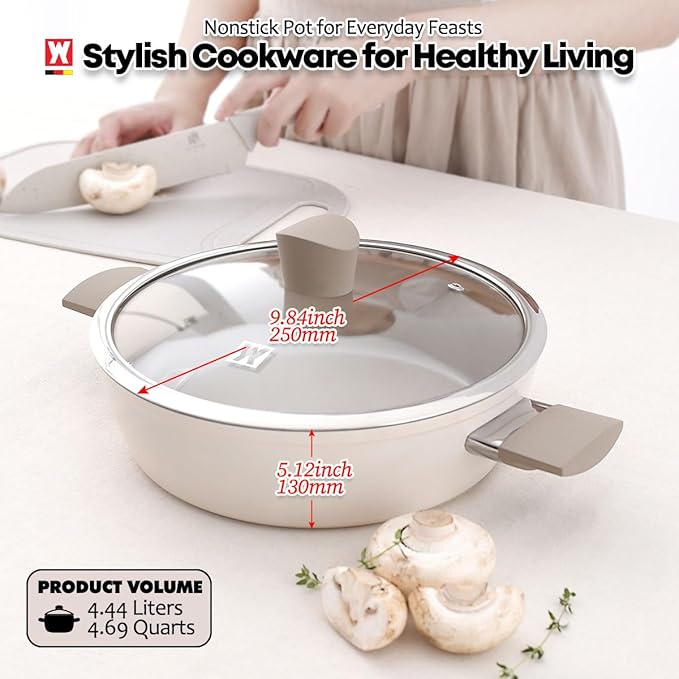 Aluminum Saute Pot with Ceramic Coated Non-Stick Surface, 7-Layer Coating, Tempered Glass Lid, All Cooktops Compatible, PFOA, PFAS, Lead, Cadmium Free, 4.44L / 4.69Quarts