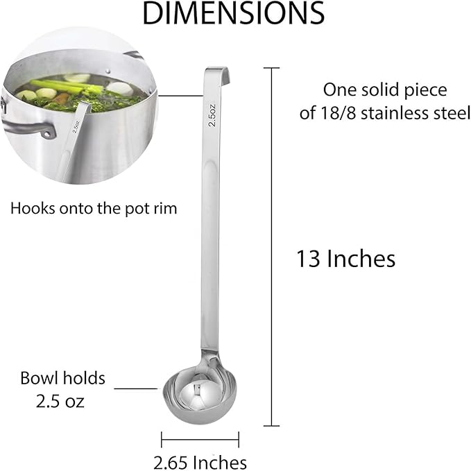 HIC Kitchen Single-Piece Stainless Steel Ladle, 18/8 Stainless Steel, 2.5-Ounce Capacity